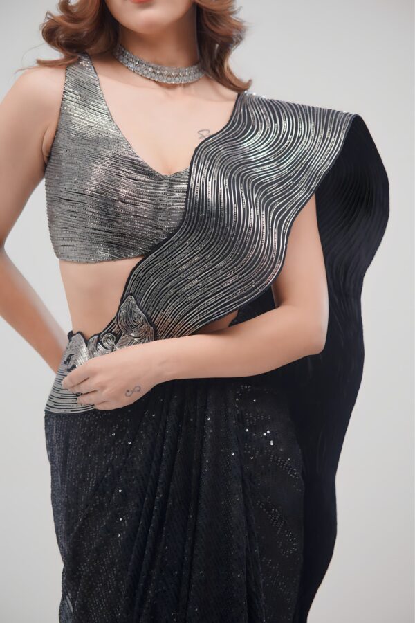 Black Indo Western Saree With Leather Crafting & Sequin Fabric