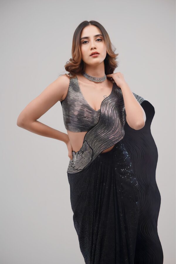 Black Indo Western Saree With Leather Crafting & Sequin Fabric