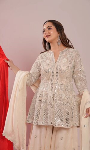 Center Cut Peplum Ethnic Wear with Lakhnavi and Mirror Work