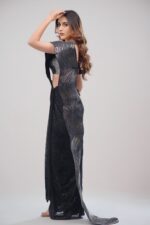 Black Indo Western Saree With Leather Crafting & Sequin Fabric