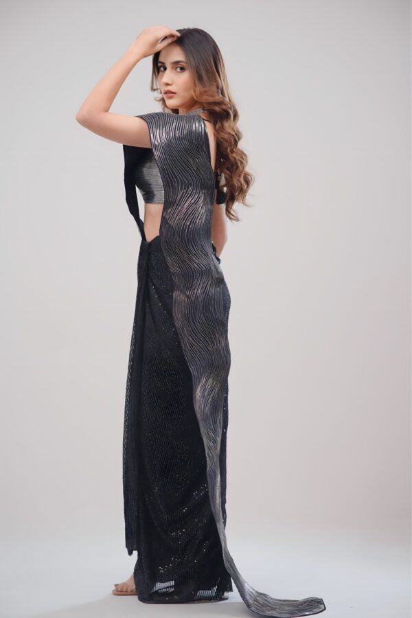 Black Indo Western Saree With Leather Crafting & Sequin Fabric