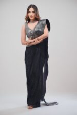 Black Indo Western Saree With Leather Crafting & Sequin Fabric
