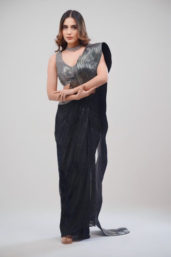 Black Indo Western Saree With Leather Crafting & Sequin Fabric