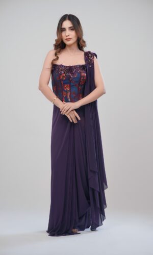 Elegant Purple Corset Saree with Intricate 3D Floral Work
