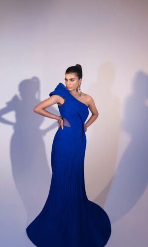 Cobalt blue exaggerated shoulder sculpted gown