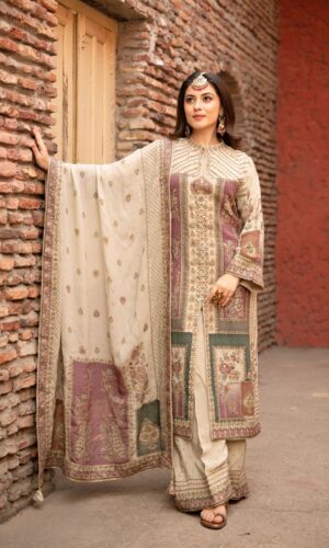 Elegant Cream Beige Pakistani Suit with Sleek Digital Prints Golden Highlights & Odhani  Dupatta