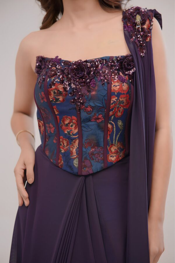 Elegant Purple Corset Saree with Intricate 3D Floral Work