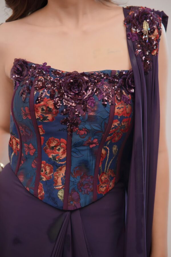 Elegant Purple Corset Saree with Intricate 3D Floral Work