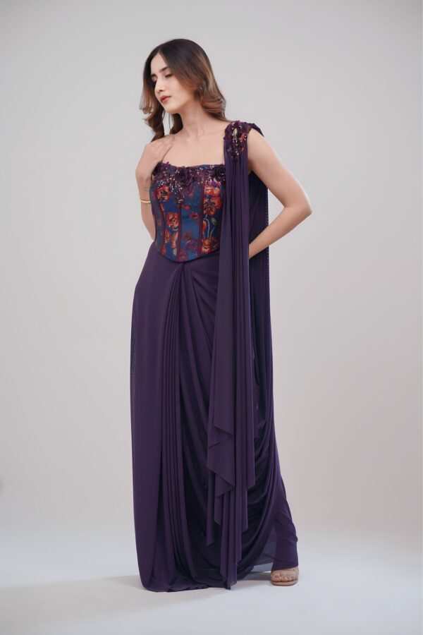 Elegant Purple Corset Saree with Intricate 3D Floral Work
