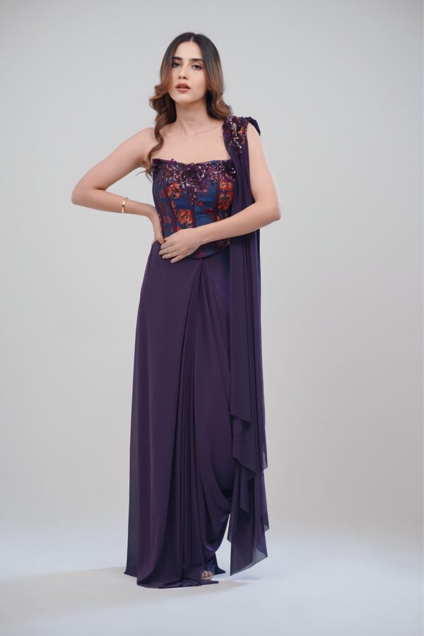 Elegant Purple Corset Saree with Intricate 3D Floral Work