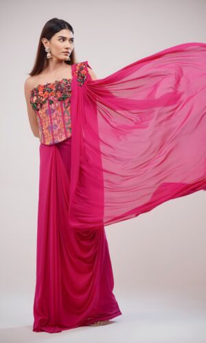 Hot Pink Corset Saree With Lycra and Banarasi Blouse