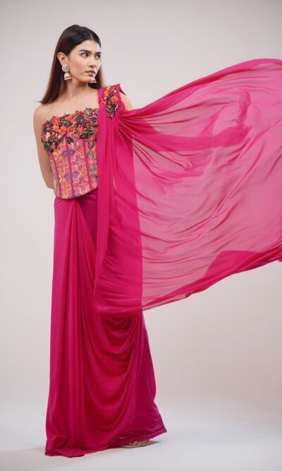 Hot Pink Corset Saree With Lycra and Banarasi Blouse