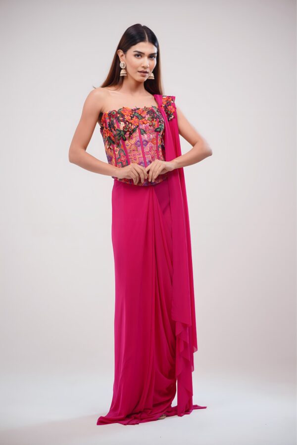 Hot Pink Corset Saree With Lycra and Banarasi Blouse