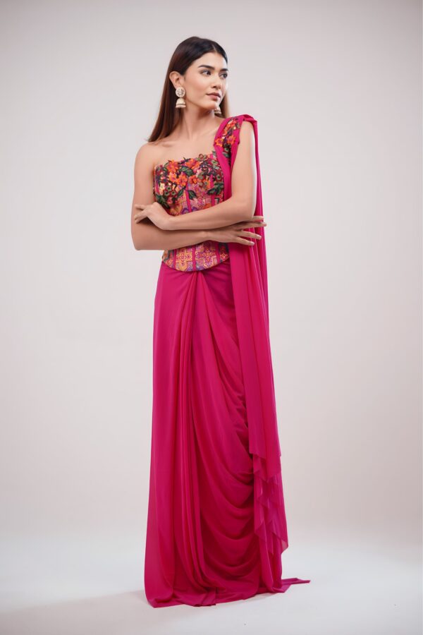 Hot Pink Corset Saree With Lycra and Banarasi Blouse