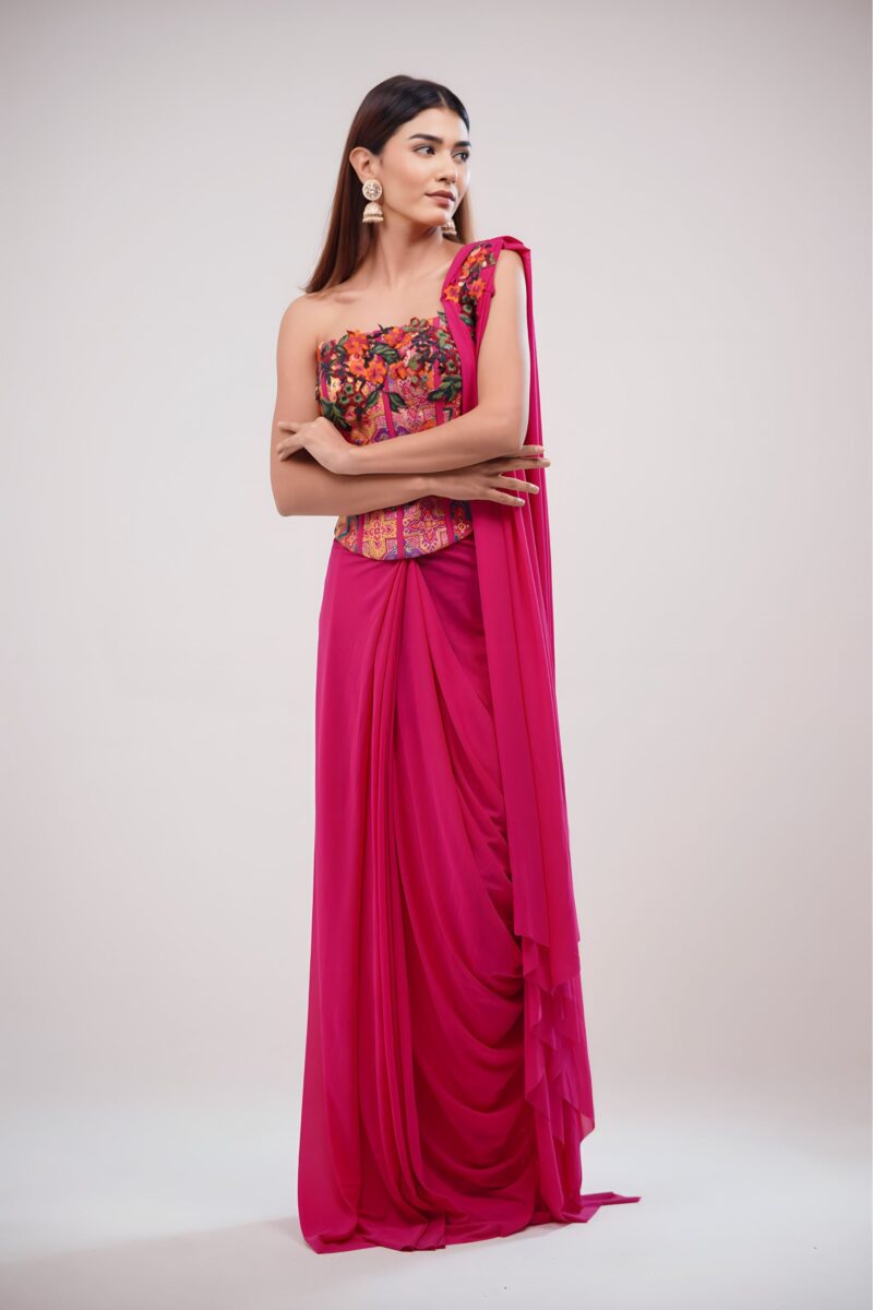Hot Pink Corset Saree With Lycra and Banarasi Blouse