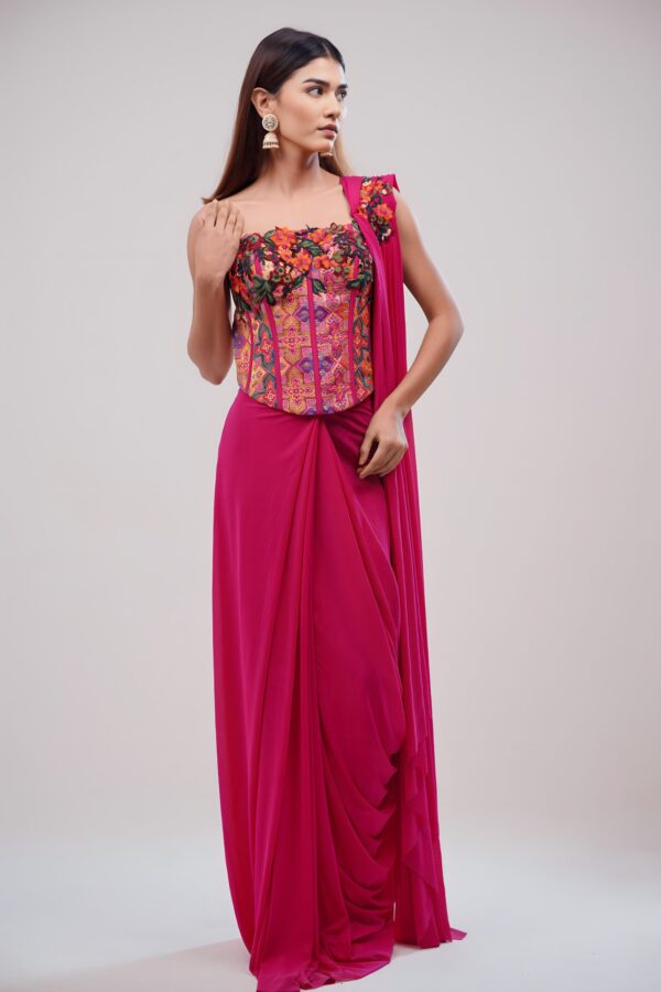 Hot Pink Corset Saree With Lycra and Banarasi Blouse