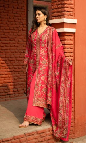 Hot Pink Achkan Style Plazo Suit With Odhani Dupatta