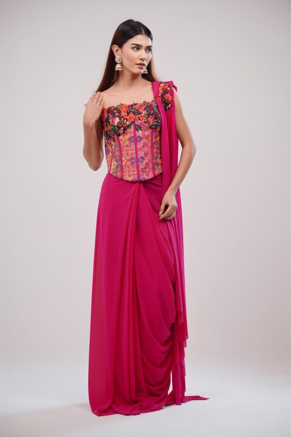 Hot Pink Corset Saree With Lycra and Banarasi Blouse