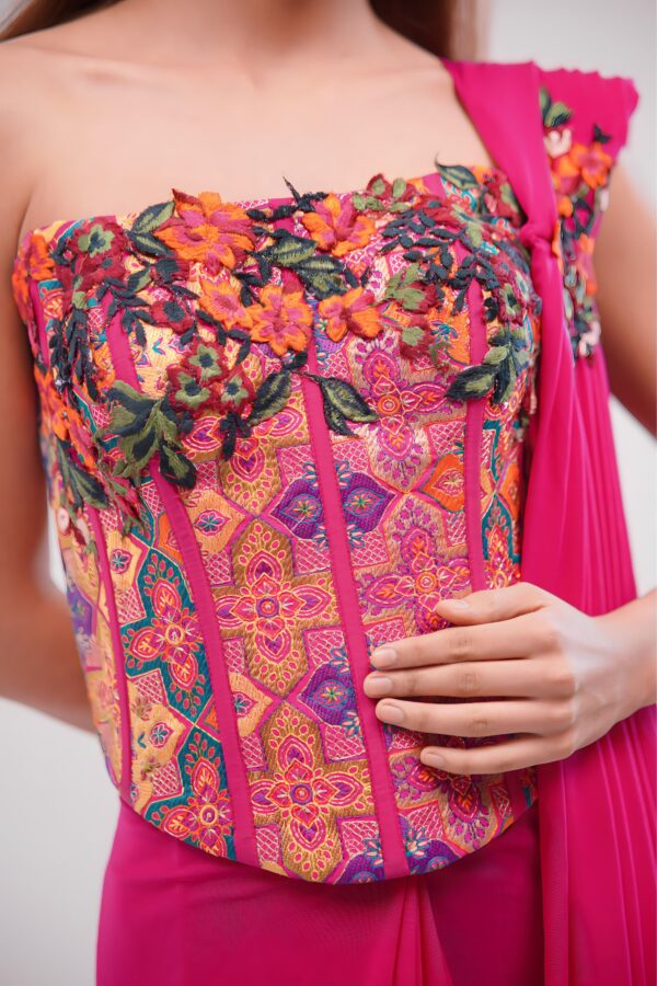 Hot Pink Corset Saree With Lycra and Banarasi Blouse