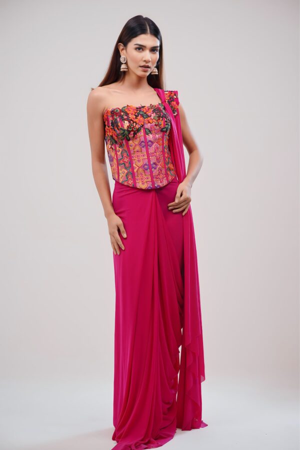 Hot Pink Corset Saree With Lycra and Banarasi Blouse