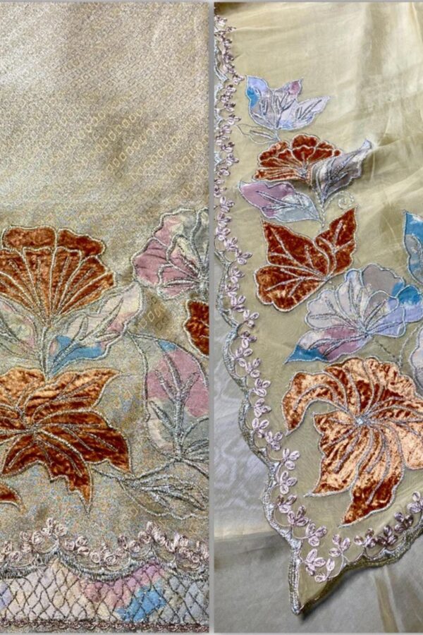 Traditional Banaras Tissue Unstitched Suit with Velvet Floral Highlights & Embroidered Organza Dupatta