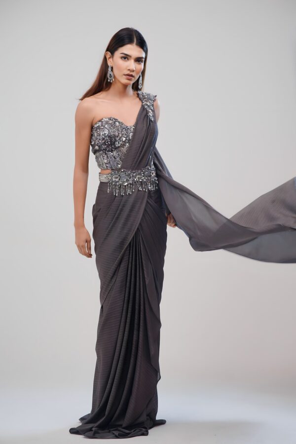 Metallic Gray Saree With Hand - Stitched Blouse and Embroided Belt