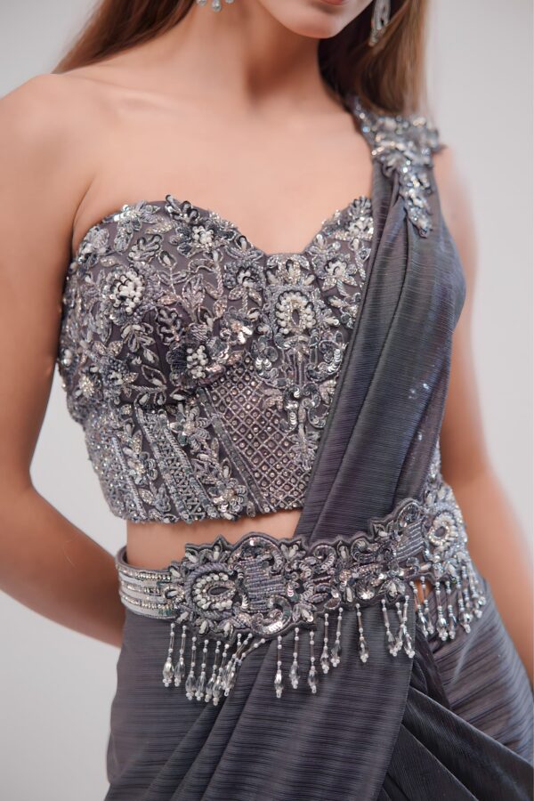 Metallic Gray Saree With Hand - Stitched Blouse and Embroided Belt