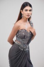 Metallic Gray Saree With Hand - Stitched Blouse and Embroided Belt