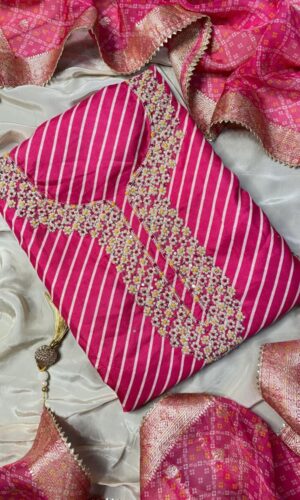 Silk Leheriya Unstitched Suit with Handcrafted Neck & Banarasi Dupatta