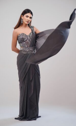 Metallic Gray Saree With Hand - Stitched Blouse and Embroided Belt