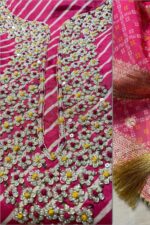 Silk Leheriya Unstitched Suit with Handcrafted Neck & Banarasi Dupatta
