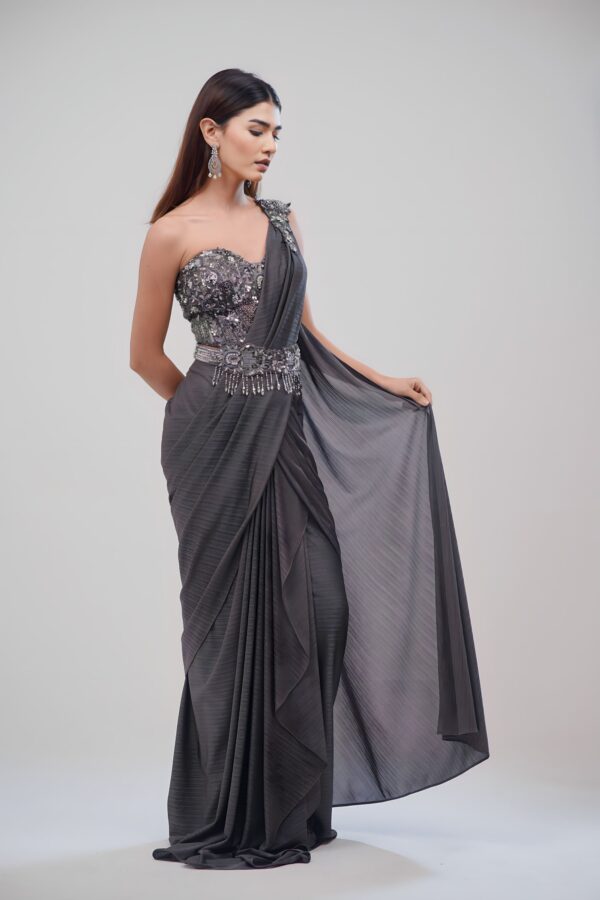 Metallic Gray Saree With Hand - Stitched Blouse and Embroided Belt