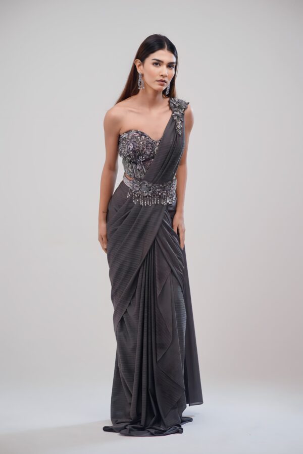 Metallic Gray Saree With Hand - Stitched Blouse and Embroided Belt