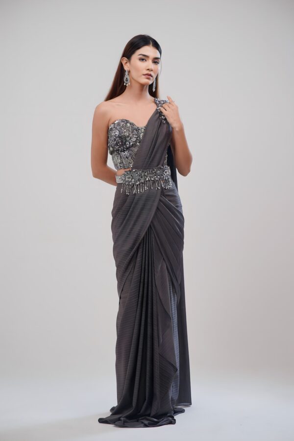 Metallic Gray Saree With Hand - Stitched Blouse and Embroided Belt