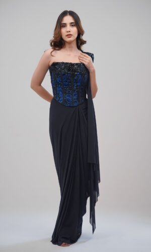 Black Corset Saree With Royal Blue Floral 3D Blouse