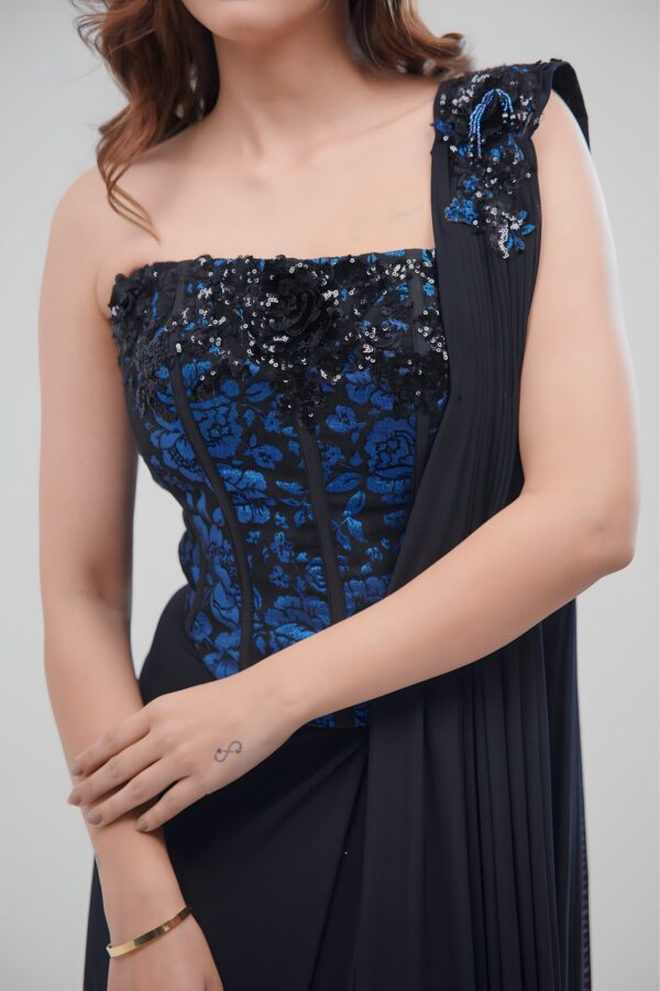 Black Corset Saree With Royal Blue Floral 3D Blouse