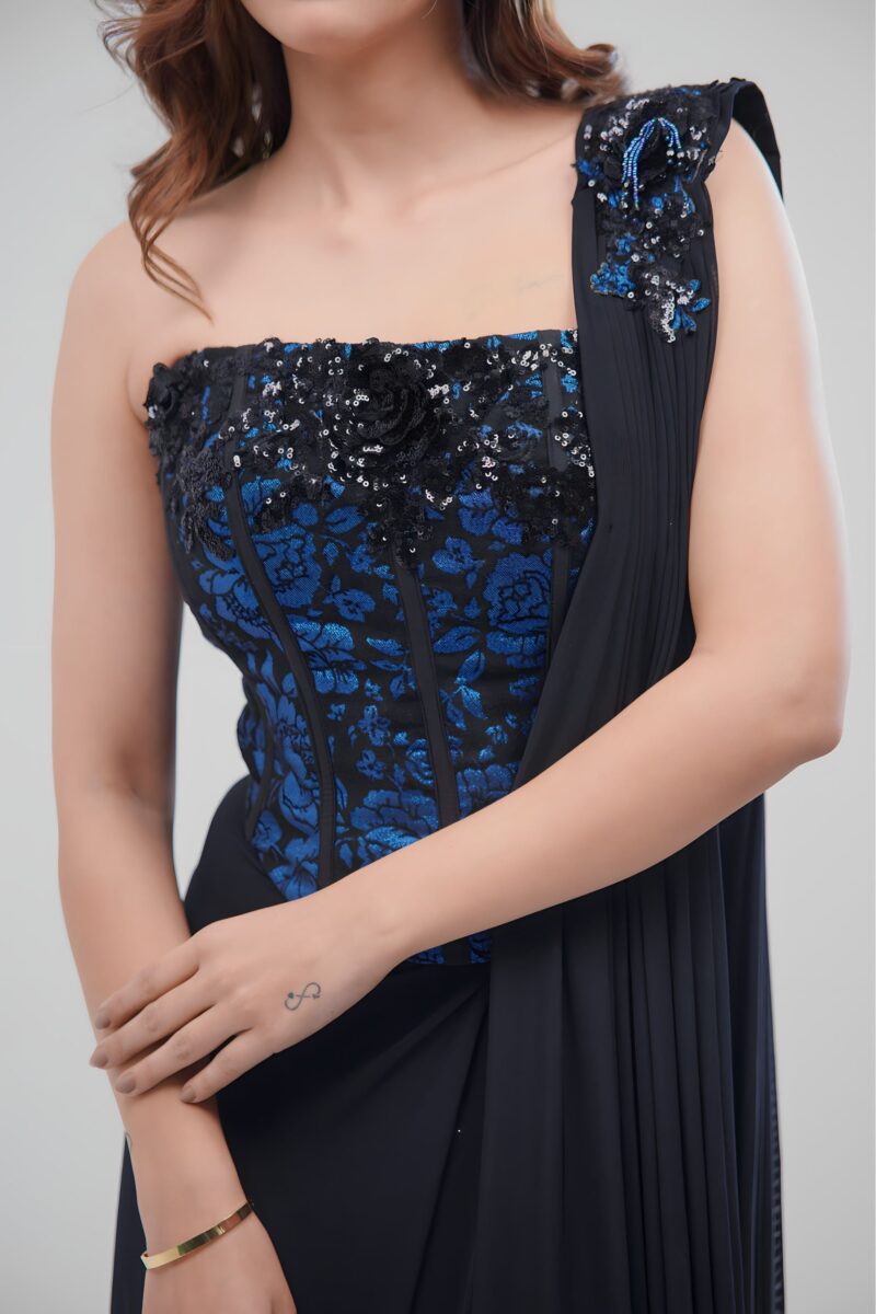 Black Corset Saree With Royal Blue Floral 3D Blouse