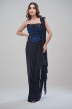 Black Corset Saree With Royal Blue Floral 3D Blouse