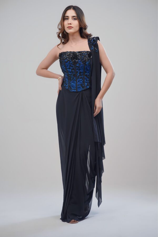Black Corset Saree With Royal Blue Floral 3D Blouse