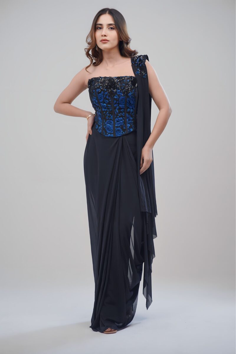 Black Corset Saree With Royal Blue Floral 3D Blouse