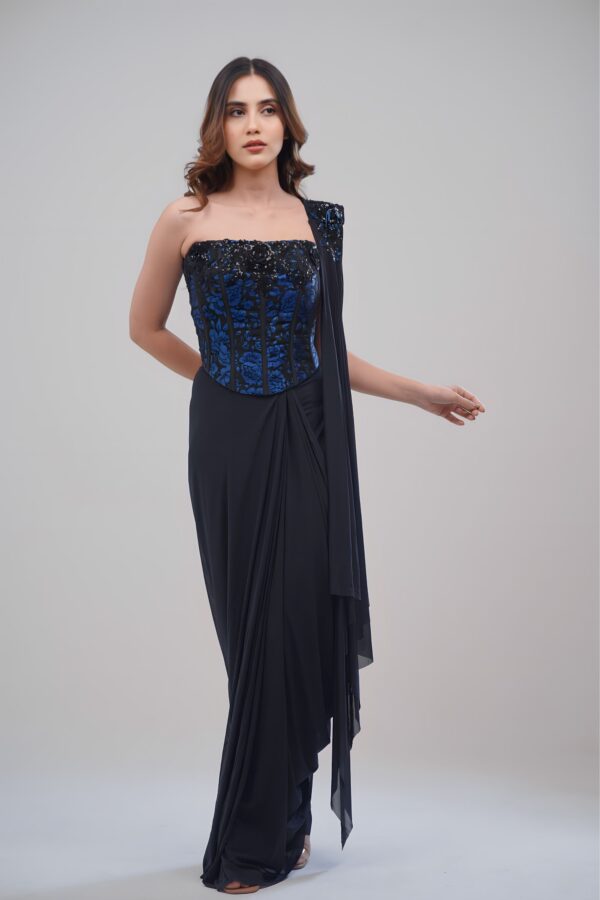 Black Corset Saree With Royal Blue Floral 3D Blouse