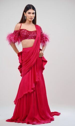 Fluorescent Pink Draped Saree With Sequined and Feathered Blouse