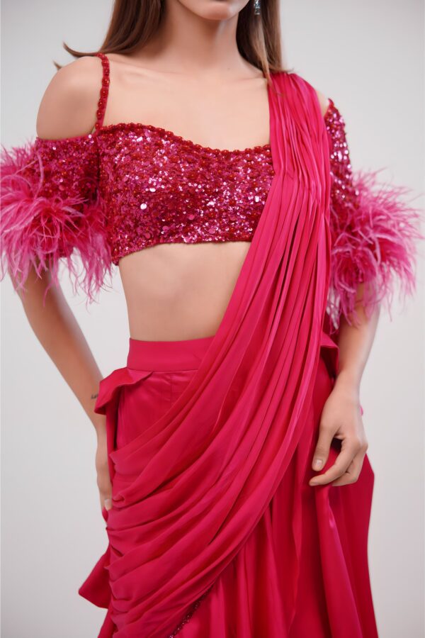 Fluorescent Pink Draped Saree With Sequined and Feathered Blouse