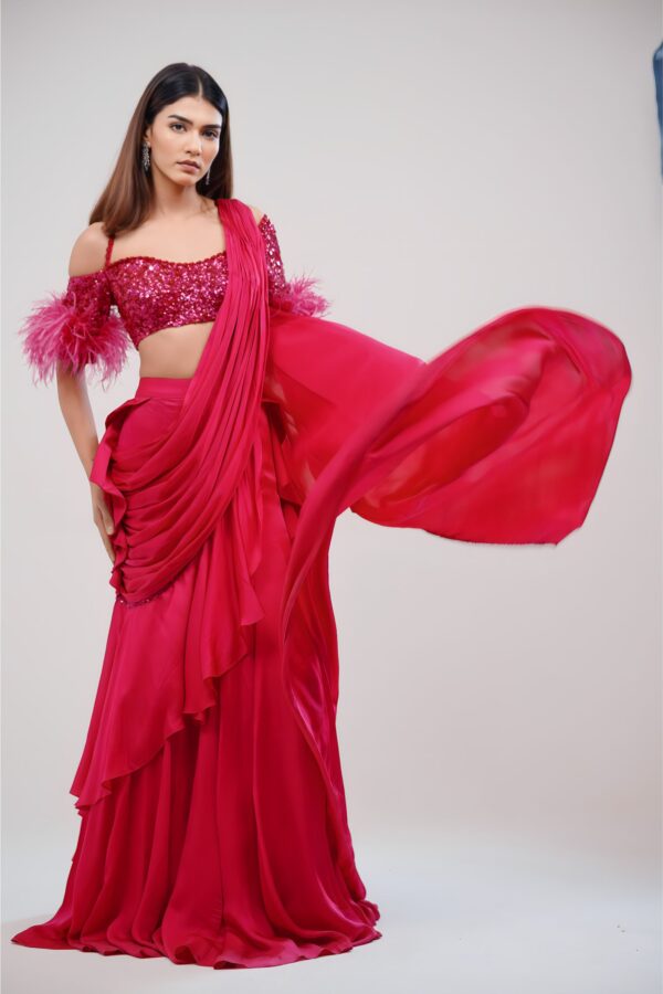 Fluorescent Pink Draped Saree With Sequined and Feathered Blouse