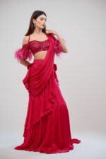 Fluorescent Pink Draped Saree With Sequined and Feathered Blouse