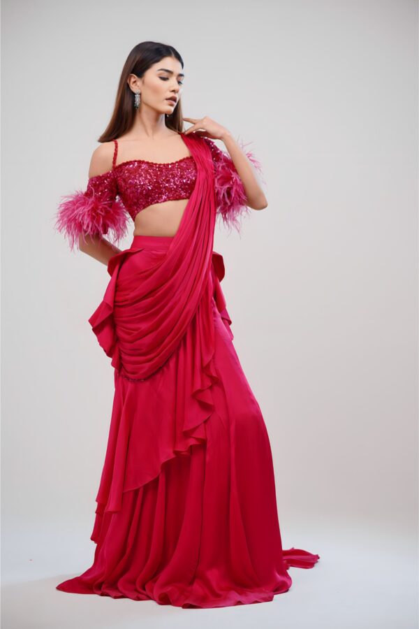 Fluorescent Pink Draped Saree With Sequined and Feathered Blouse