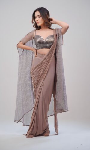 Lycra Draped Saree With Leather Stripped Top and Italian Net Cape