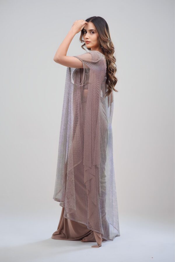 Lycra Draped Saree With Leather Stripped Top and Italian Net Cape
