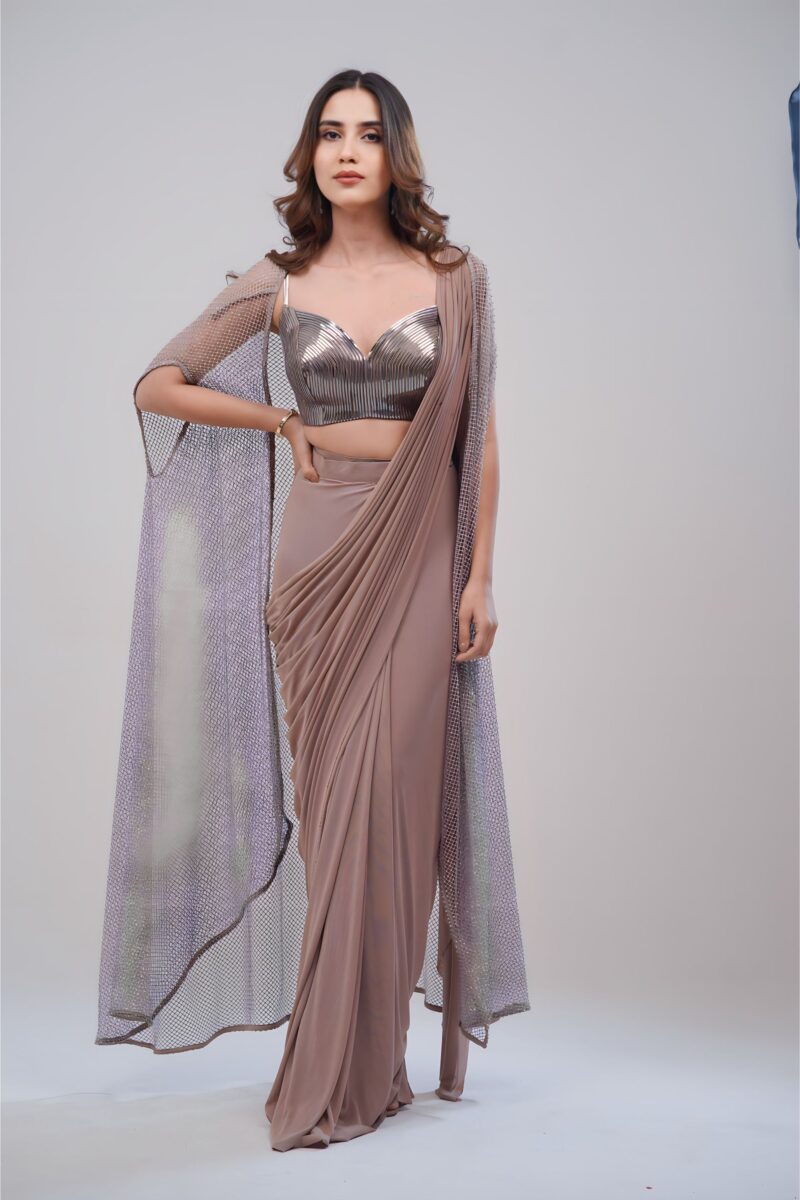 Lycra Draped Saree With Leather Stripped Top and Italian Net Cape