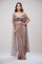 Lycra Draped Saree With Leather Stripped Top and Italian Net Cape